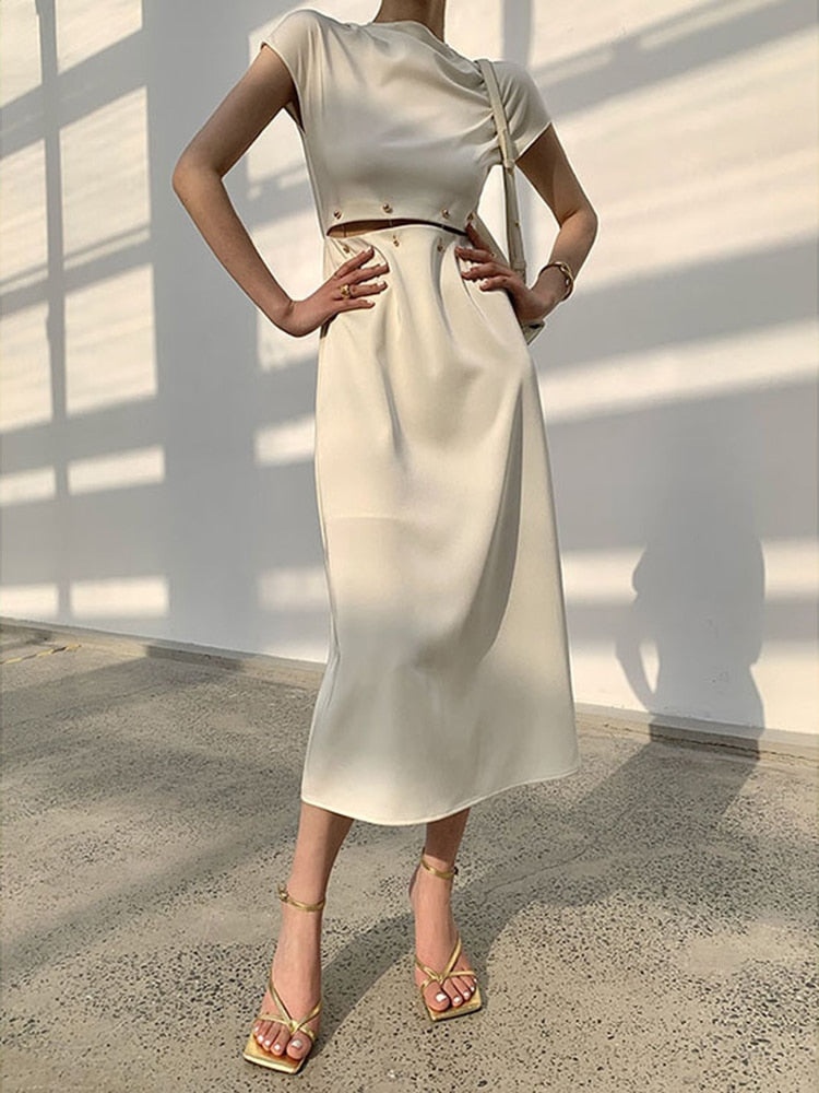 Elegant White Long Dress Female Round Neck Short Sleeve High Waist Cut Out Midi Dresses For Woman Clothing Fashion