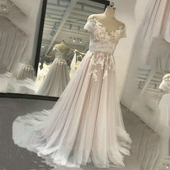Elegant Long A Line Champagne Wedding Dresses Applique Organza Scoop Neck Short Sleeves Cut Off Open Back Custom Made
