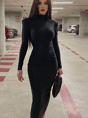 Long Sleeve High Collar Bodycon Midi Dress Women Autumn Winter Sexy Evening Sheath Long Dresses Elegant Party Night Clothes