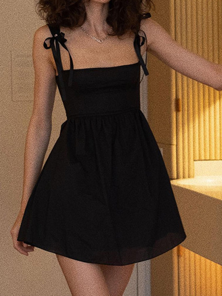 Hoobd Cute Lady Spaghetti Strap Mini Dress Square Collar Sleeveless 2024 Summer Party Outfits Elegant A Line Dresses Women