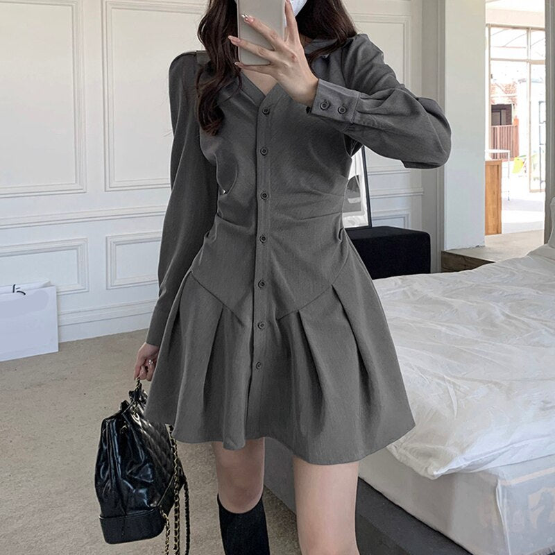 Chic Long Sleeve Single-breasted Women Shirt Dress 2023 Autumn V Neck Pleated Mini Dresses Korean Gray Slim High Waist Vestidos