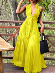 Hoobd Sexy Halter V Neck Lace Up Maxi Summer Dress Women Sleeveless Chiffon Long Dress