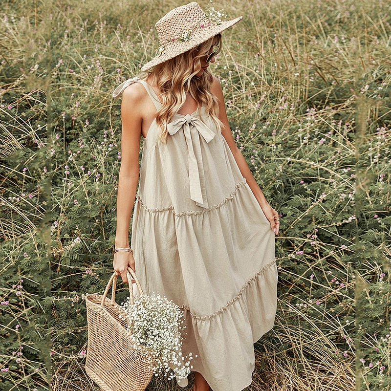Khaki Bow Spaghetti Strap Cotton Linen Long Dress Ladies Sexy Backless Pleated Boho Dress Summer Ruffle Slim Casual Beach Dress