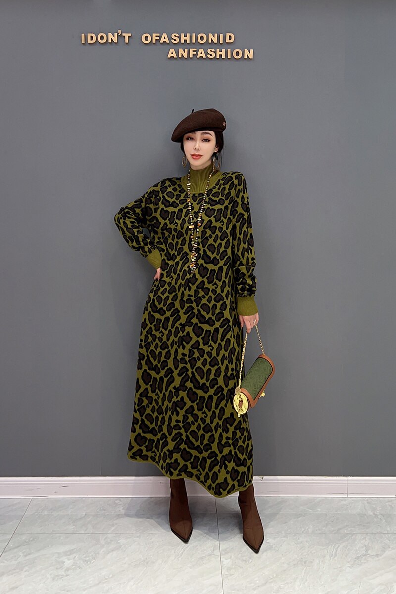 2023 Spring Autumn New Korean Fashion Trend High Neck Leopard Knitted Dress Women Streetwear Sweater Dress ZXF769