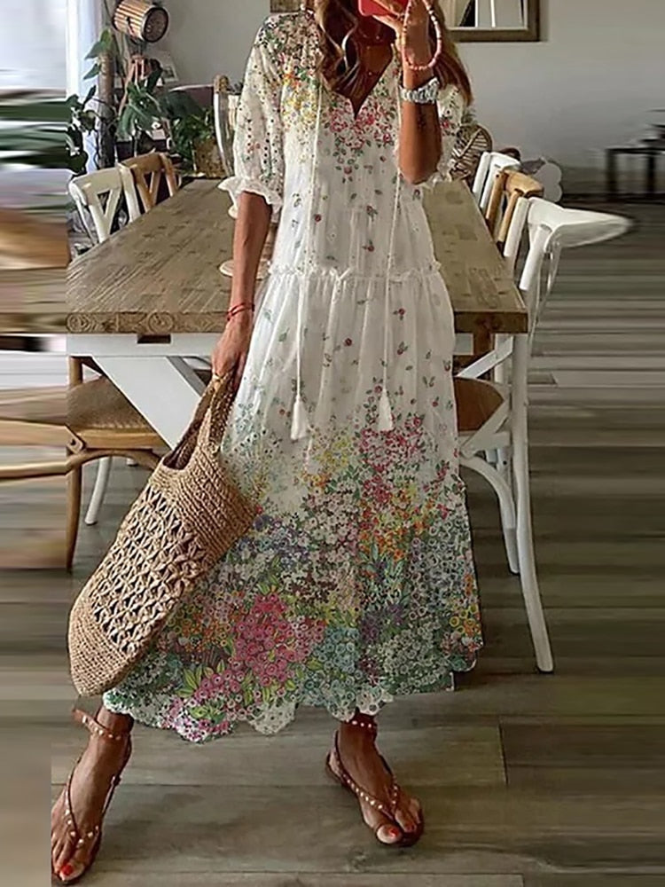 Hoobd Summer Fashion Floral Print Holiday Long Dress Casual Loose Drawstring Half Sleeve Dress Women V Neck Chic Ruffled Boho Dresses