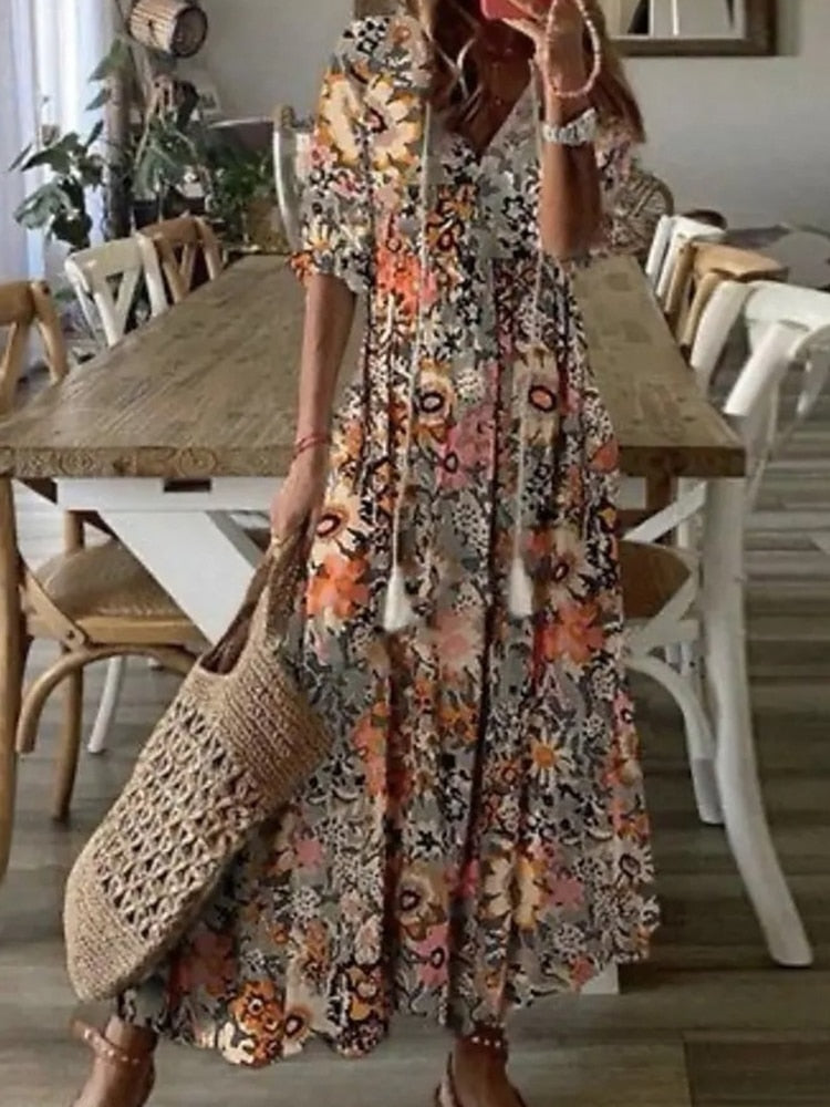 Hoobd Summer Fashion Floral Print Holiday Long Dress Casual Loose Drawstring Half Sleeve Dress Women V Neck Chic Ruffled Boho Dresses