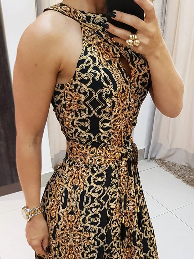 Hoobd Women Fashion Clubwear Elegant Sexy Dress Club  Sleeveless Baroque Print Sleeveless Midi Dress