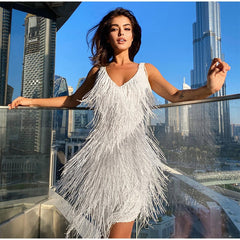 Hoobd Dress Summer Slim V-Neck Off Shoulder Dresses Sexy Women&#39;s Fringed Sequin Feather Stitching Female Backless Slip Mini Robe