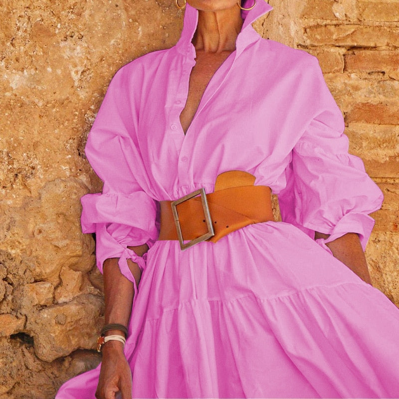 Hoobd2023 Chic Solid Color Lapel Shirt Dress Women Spring Button-up Long Pullover Dress New Autumn Long Sleeve Hem Pleated Maxi Dress