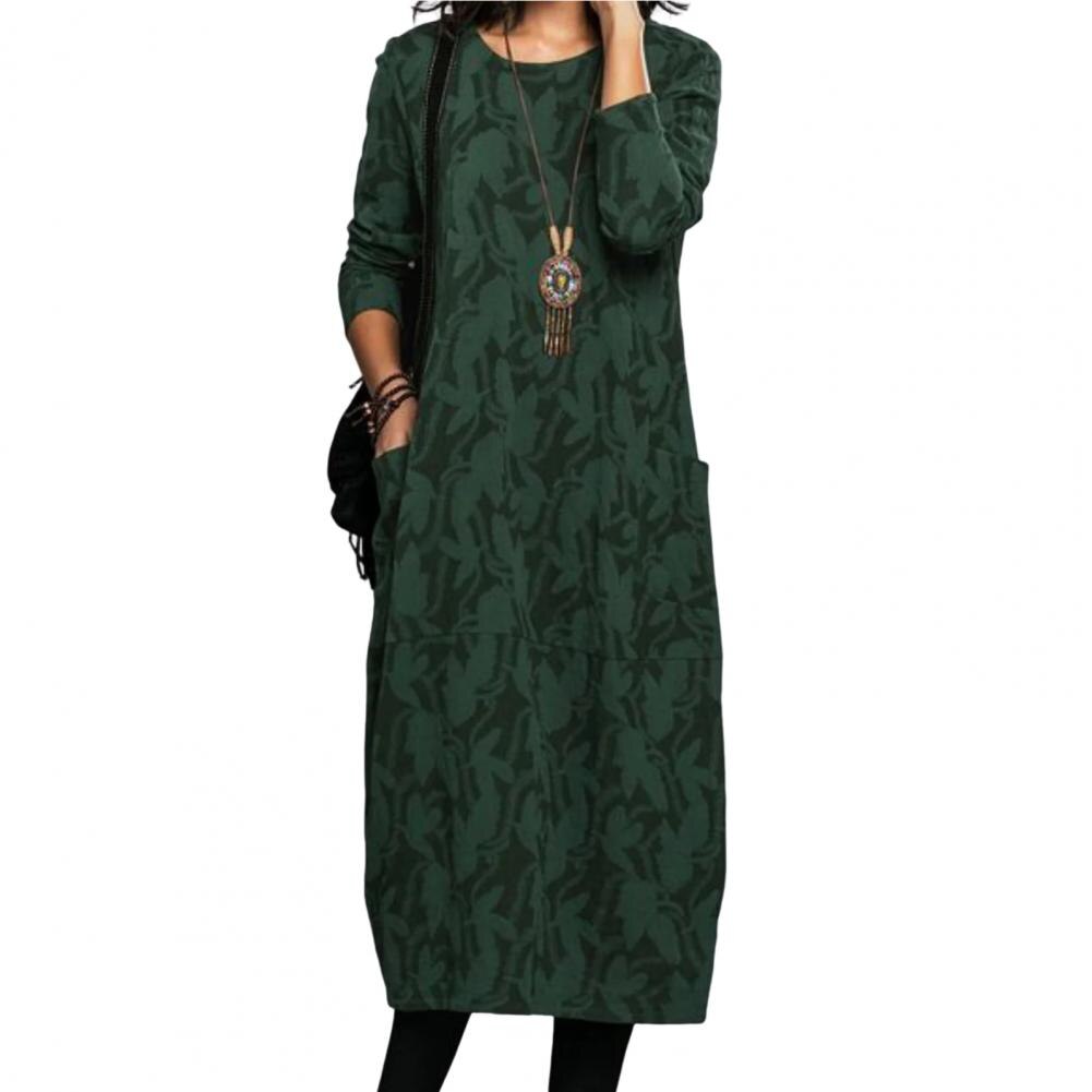 Women Midi Dress for Women 2023 Vintage Print Long Sleeves Crew Neck Dress Spring Autumn Loose Double Pockets Dress Streetwear