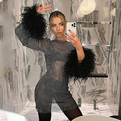 2023 Sexy Rhinestones Mesh Feathers Dress Women Fashion Tassel See Through Long Sleeve Dress Shinny Sequins Club Party Outfit
