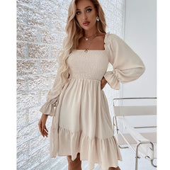 Women Elasticity Dress Ruffle High Waist Tight A-line Dress Pullover Square Collar Long Sleeve Ruffled Dresses