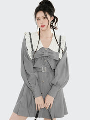 Kawaii Preppy Style Dress Women Bow Belt Elegant Vintage Dresses Puff Sleeve Sailor Collar Long Sleeve Gray Robe Korean