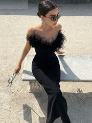 Elegant Strapless Long Party Dresses Women Bodycon Sexy Fashion Feather Sexy Sleeveless Backless Party Club Midi Dress