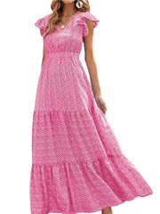 Hoobd Women s Summer Long Beachwear Dress Ruffle Sleeve V Neck Boho Floral A-line Dress