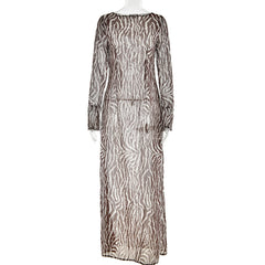 Elegant Zebra Print Maxi Dress for Women Outfits Sexy See Through Long Sleeve Bodycon Club Party Dress 2023 Spring Casual Dress