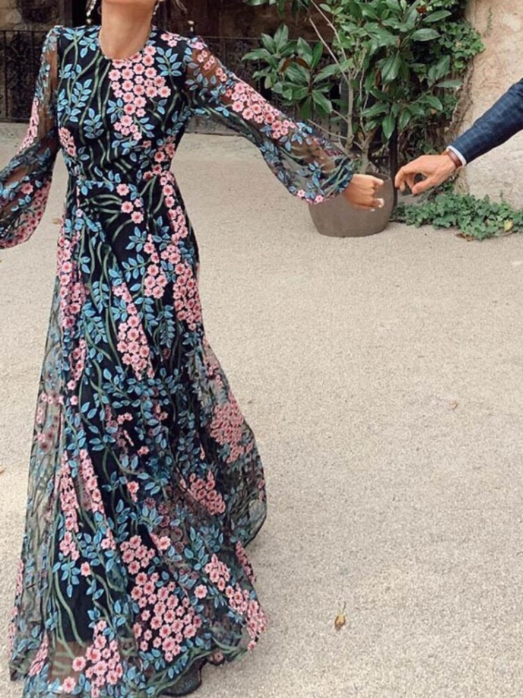 Hoobd Vintage Chic Women Floral Print O-neck Backless Sexy Bohemian Evening Dress Robe Lady Long Sleeve Boho Dresses Vestidos