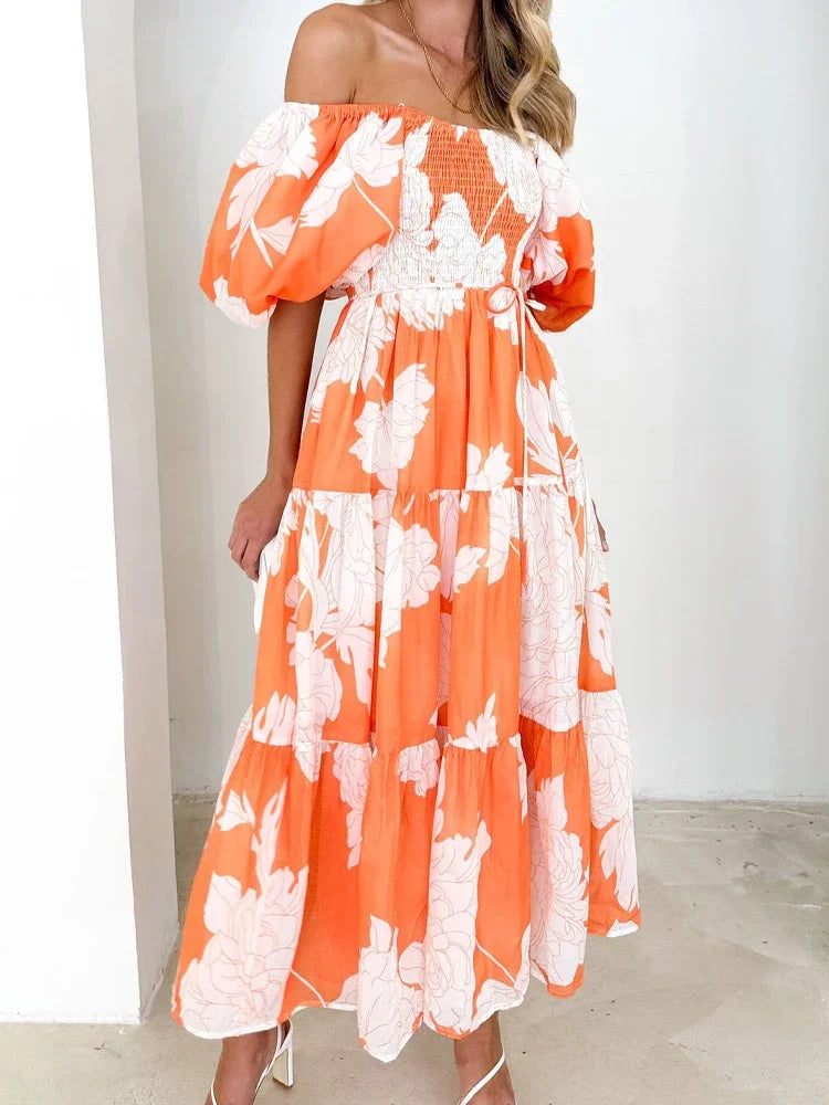 Women Dress Vintage Print Off Shoulder Puff Sleeve Elastic Waist Party Beach Style Sexy Dresses Spring Summer 2024