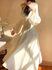 French Elegant Solid Midi Dress Woman Fairy One Piece Dress Korea Fashion 2023 Summer Long Sleeve Even Party Dress Casual Female