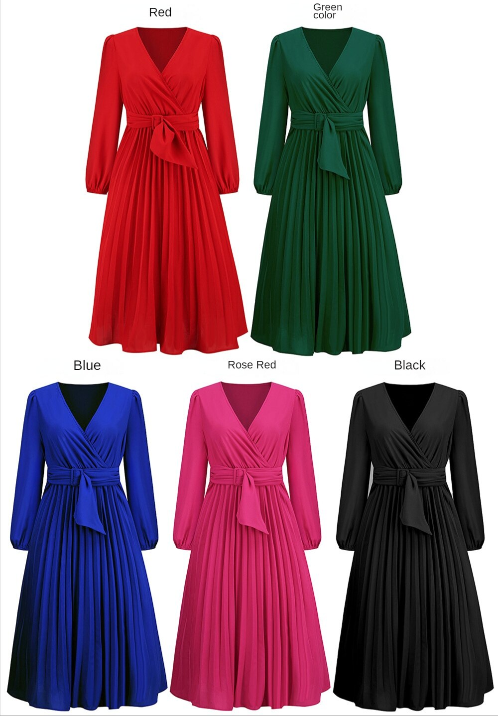 Dress for Women Solid Color V Neck Long Sleeve Slim-fitting Pleated Dress Spring Summer Temperament Elegant Evening Party Skirts