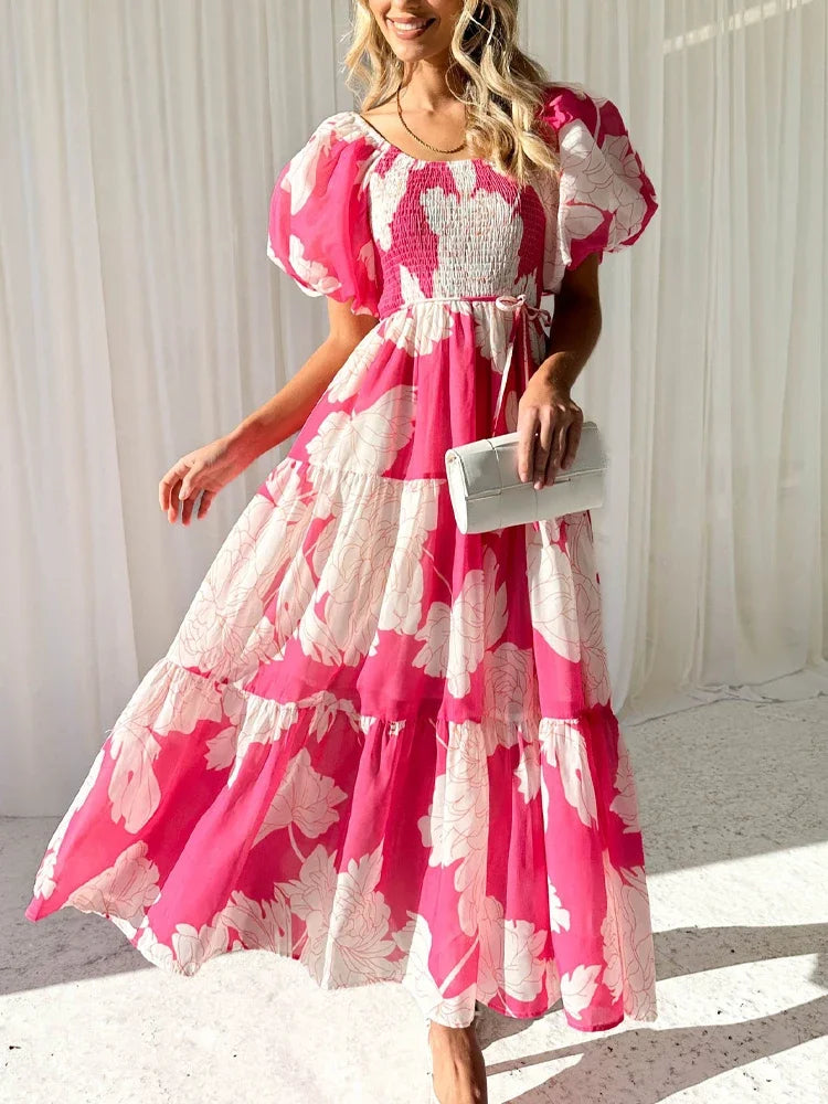 Women Dress Vintage Print Off Shoulder Puff Sleeve Elastic Waist Party Beach Style Sexy Dresses Spring Summer 2024