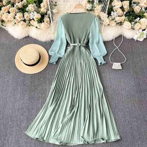 Women&#39;s Elegant Long Dress Spring and Summer Bubble Long Sleeve Pleated Belt Long Skirt 2023 Ladies French Temperament New Dress