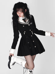 Hoobd Black Korean Style Elegant Dress Women Navy Collar Sweet Party Mini Dress Female Long Sleeve College Style One-piece Dress 2023