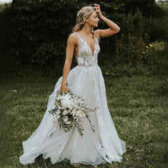 Two Straps V-neck Exposed Boning Grey Tulle Wedding Dress