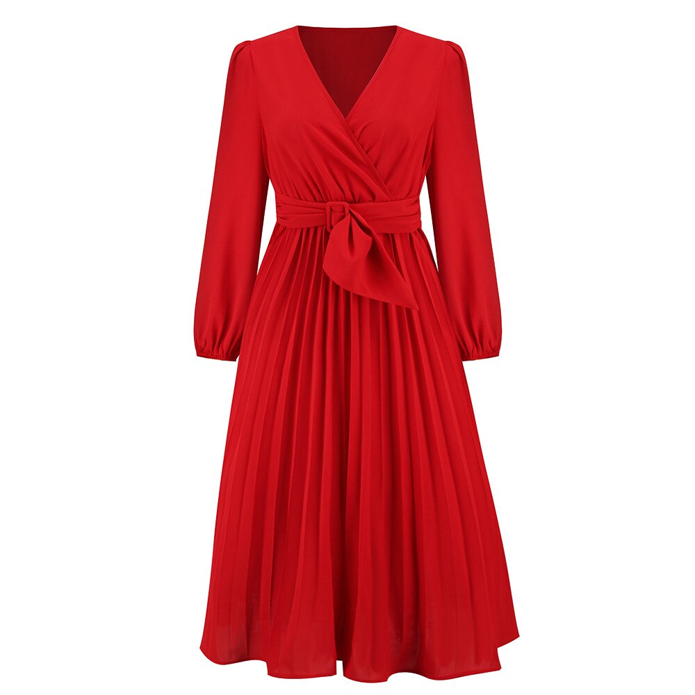 Dress for Women Solid Color V Neck Long Sleeve Slim-fitting Pleated Dress Spring Summer Temperament Elegant Evening Party Skirts