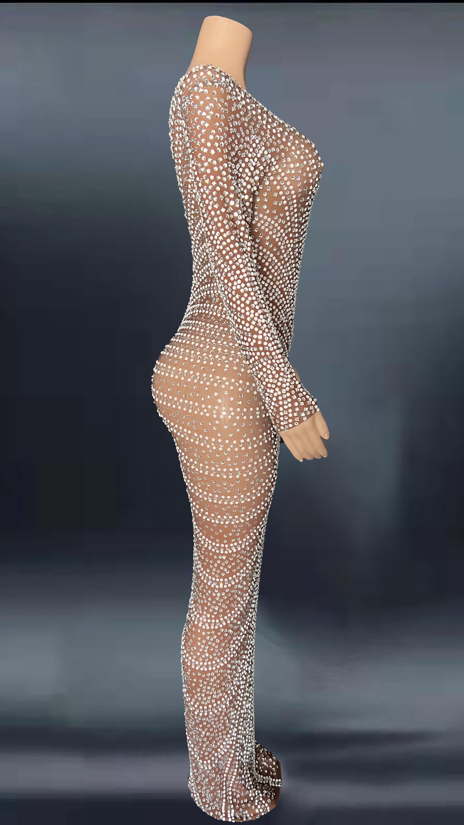 Hoobd Gray White Full Rhinestones Evening Long Sleeves Dress Birthday Celebrate Stage Wear Performance Dancer Singer Show plus size