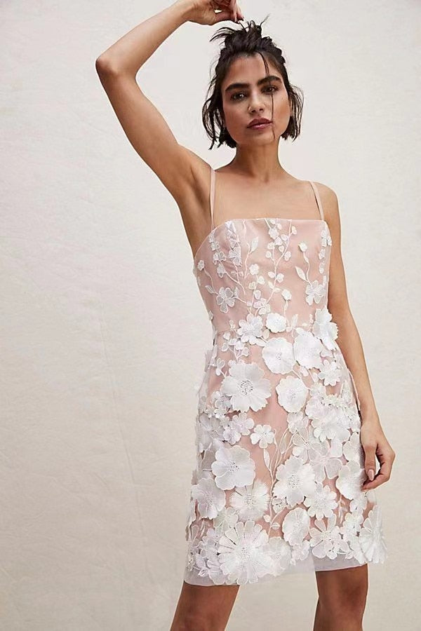 Hoobd Embroidery Slim Backless Mini Dress Spring Summer Women Fashion Sleeveless Short Dresses 2023 Elegant Lady Chic Party Vestidos