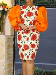 Women Printed Dress Bodycon Orange Patchwork Long Sleeves O Neck Elegant Celebrate Classy Party Sheath Summer Gown African
