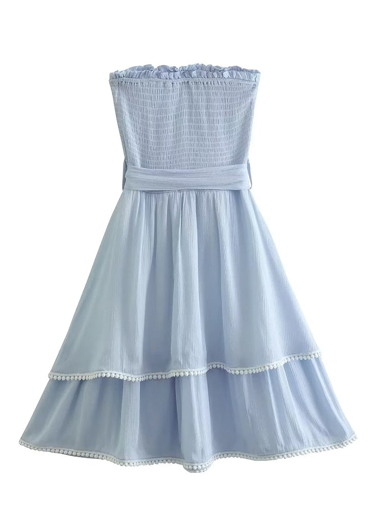 Hoobd New Women With Belt Blue Strapless Sexy Dress Sleeveless Elegant Ladies Mini Dresses