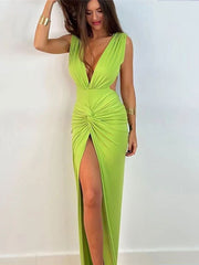 2023 Summer Fashion Ruched Long Dress Sexy Backless V Neck Hight Slit Women Bodycon Party Maxi Dress