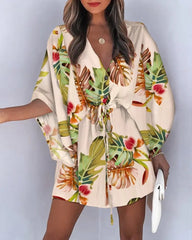 2023 Summer Boho Dresses Women Casual Flora Print Batwing Sleeve Lace-Up Dress Sexy V Neck Loose Ladies Beach Mini Dress Vestido