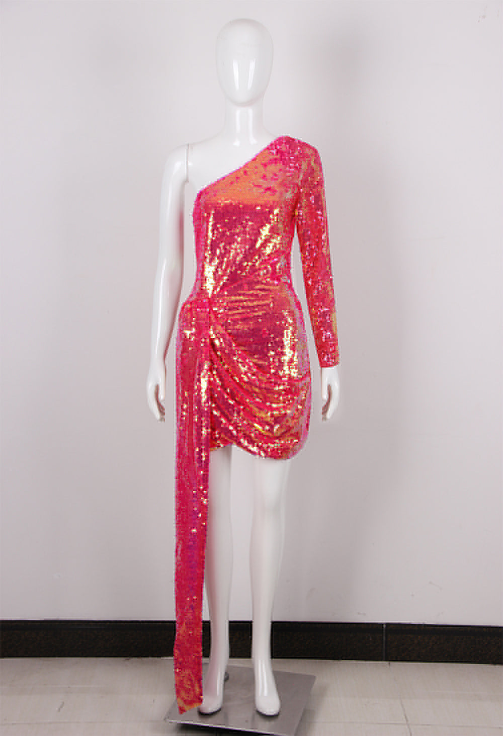 Hoobd New One Shoulder Long Sleeves Sequins Party Dress Luxury Mini Bodycon Women Vestidos 2022 Sexy Asymmetrical Dresses