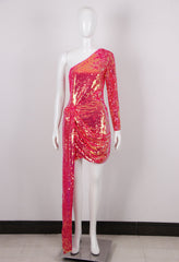 New One Shoulder Long Sleeves Sequins Party Dress Luxury Mini Bodycon Women Vestidos Sexy Asymmetrical Dresses