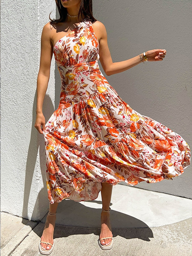 Elegant One Shoulder Summer Long Dress Women Sexy Print Boho Beach Style Maxi Dress Casual Sundress Clothing Women Party Dress