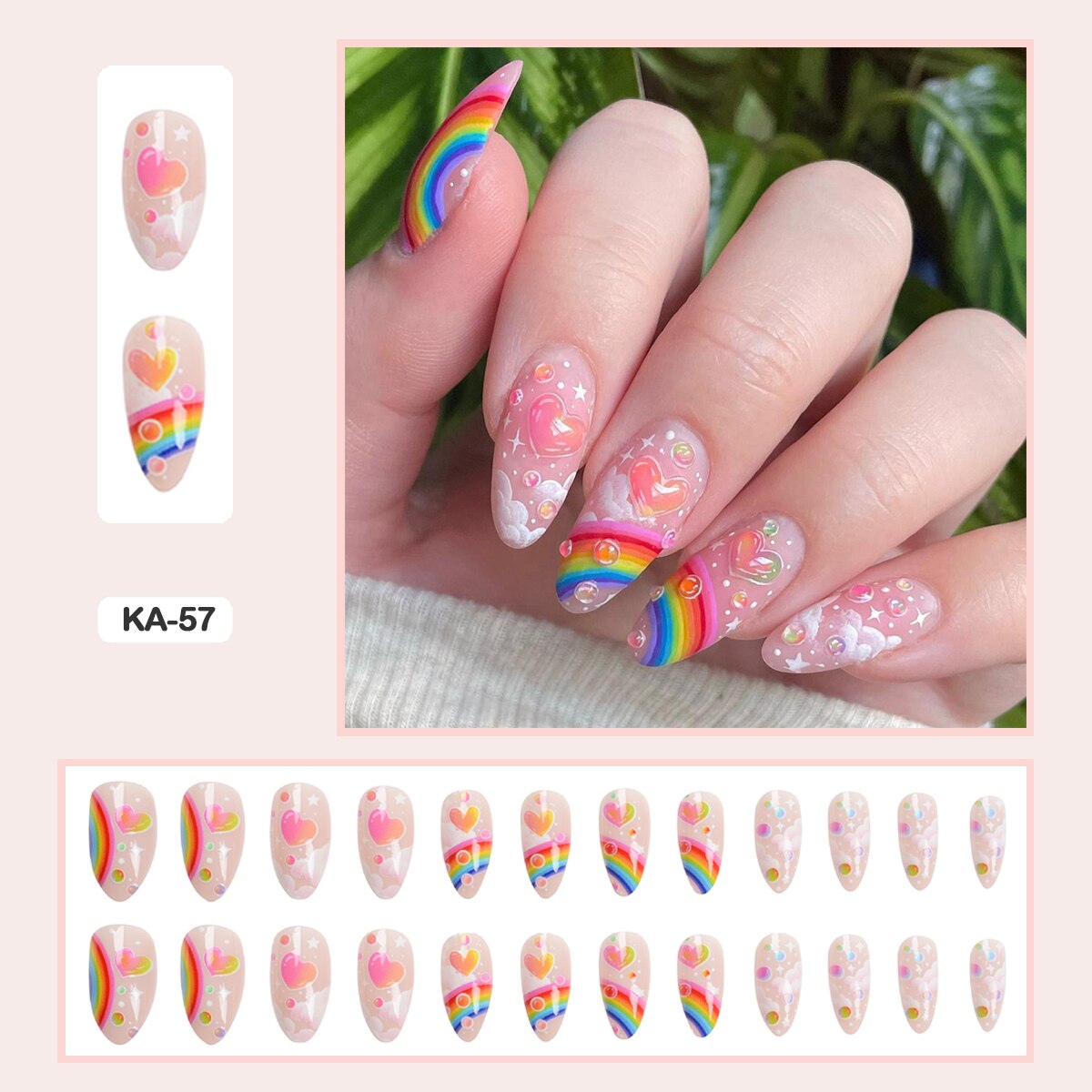 24pcs Girlish Colorful Graffiti Nail Art Fake Nails With Plants Flowers Patterns Short Press on False Nails With Wearing Tools