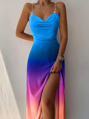 New In Spring Summer European American Women Clothes Dress Suspenders Printed and Dyed Tall Waist Long Dresses for Women