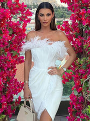 Hoobd Fashion Women's Strapless Off Shoulder High Waist Feathers Irregular Hems Wedding Party Dress Black White Mini Evening Dresses