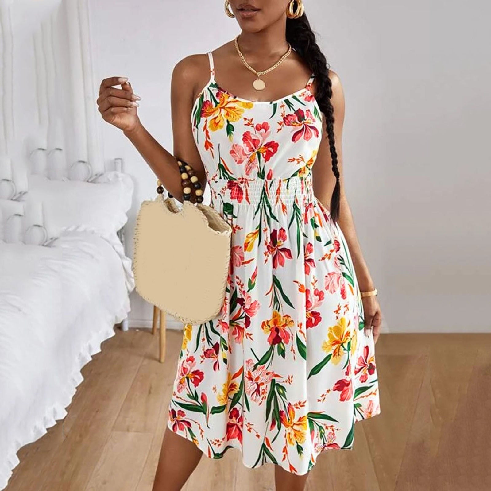 Hoobd Women Square Collar Summer Spaghetti Strap Dresses Casual Floral Print Sleeveless Short Dress Female Loose Beach Sundress