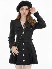 Hoobd France Vintage Party Mini Dresses Women Korean Style Elegant Pleated Dress Female Warm Sweet Retro Dress Coat Autumn Winter