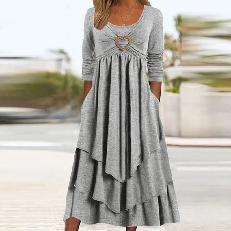 Hoobd Elegant Office Women Patchwork Pockets Midi Dress Round Neck Basic Solid Long Sleeve Dress Lady Casual Summer Ruffles Club Dress