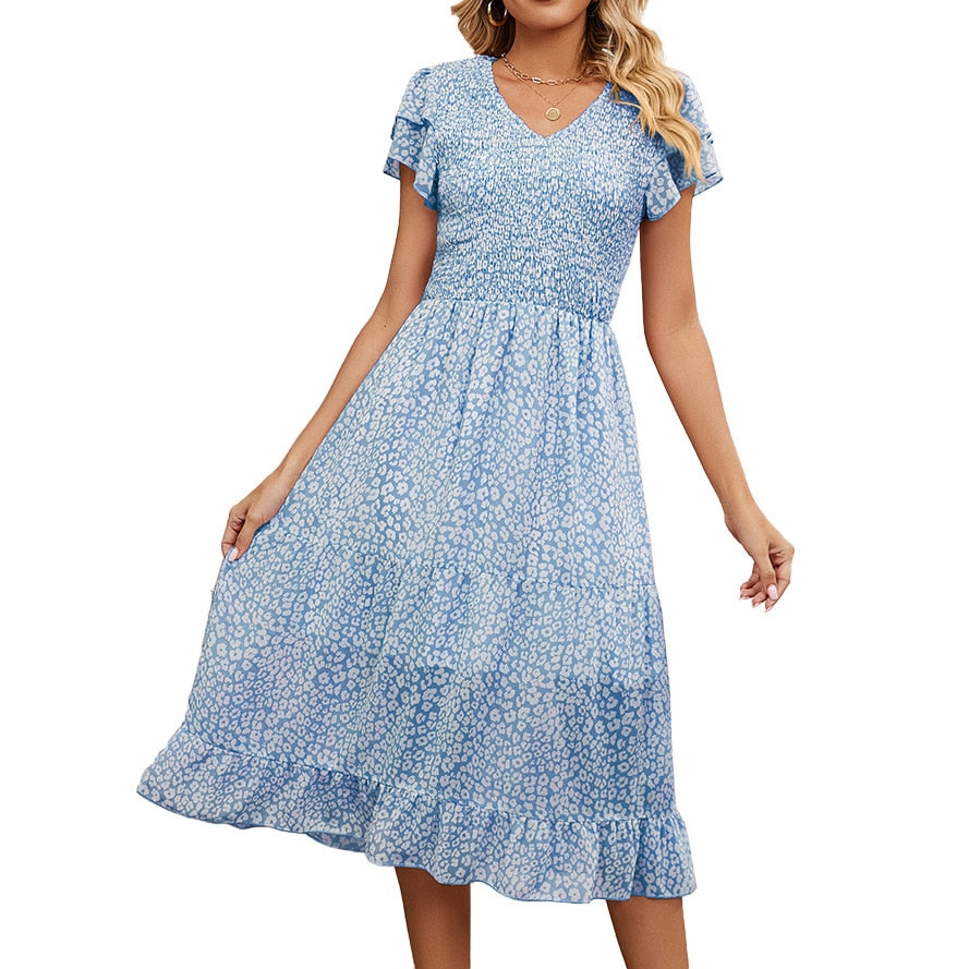 2023 Summer V-Neck Pleated Printed Chiffon Patchwork Waist-Tied Dress for Women