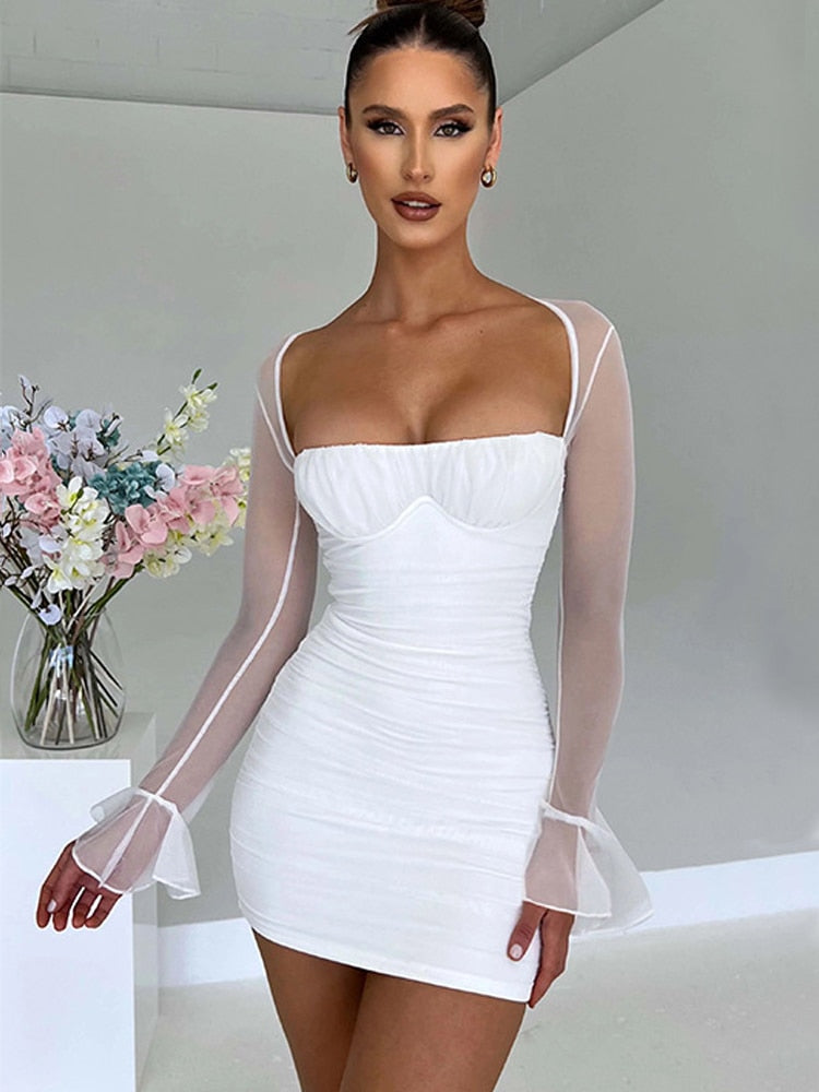 White Halter Mesh Long Sleeve Sexy Dress