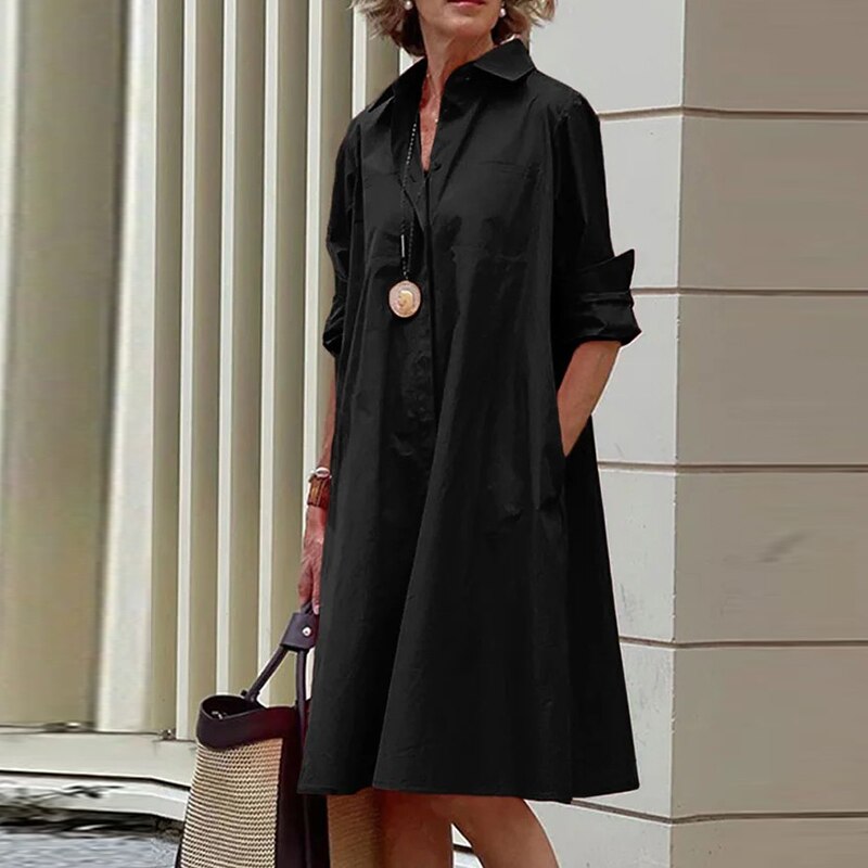 Hoobd Retro Ladies Polka Dot Single Breasted A-line Dress Fashion Street Pocket Polo Neck Dress Spring Elegant Long Sleeve Party Dress