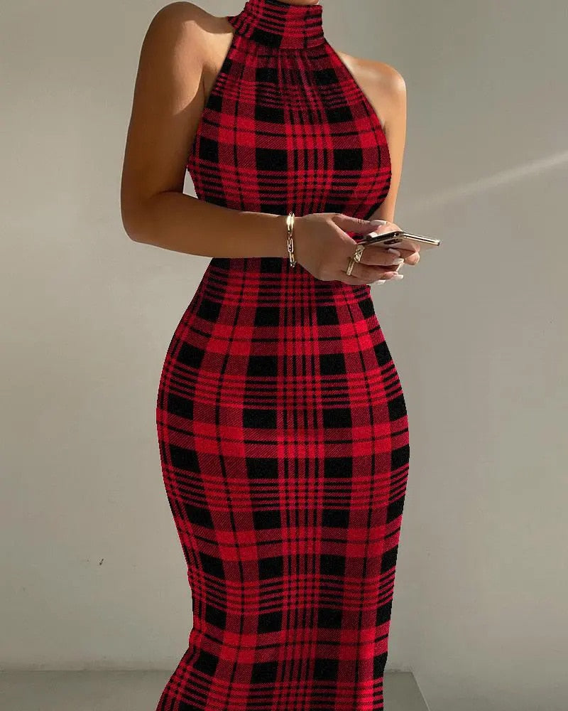 Dresses For Women 2023 Spring Summer High Neck Sleeveless Print Midi Dress Sexy Bandage Plaid Striped Pencil Elegant Vestidos