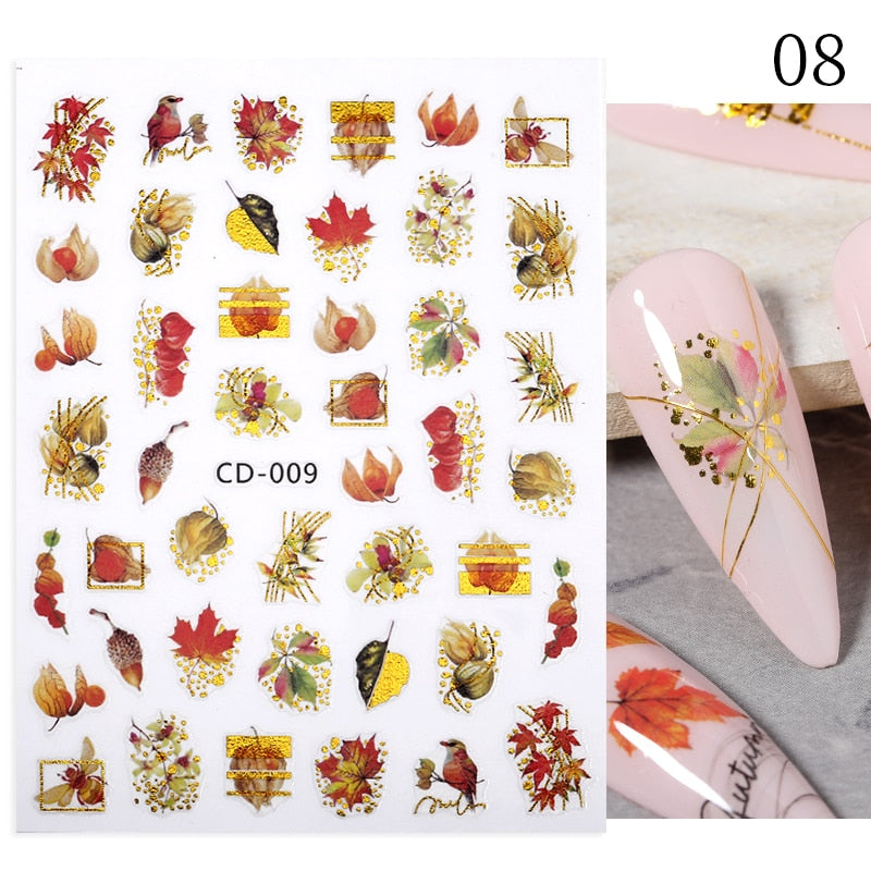 Hoobd1pcs Gold iridescent Maple Leaf 3D Nail Sticker Fall Autumn Pattern Adhesive Transfer Stickers Shiny DIY Nail Art Decoration