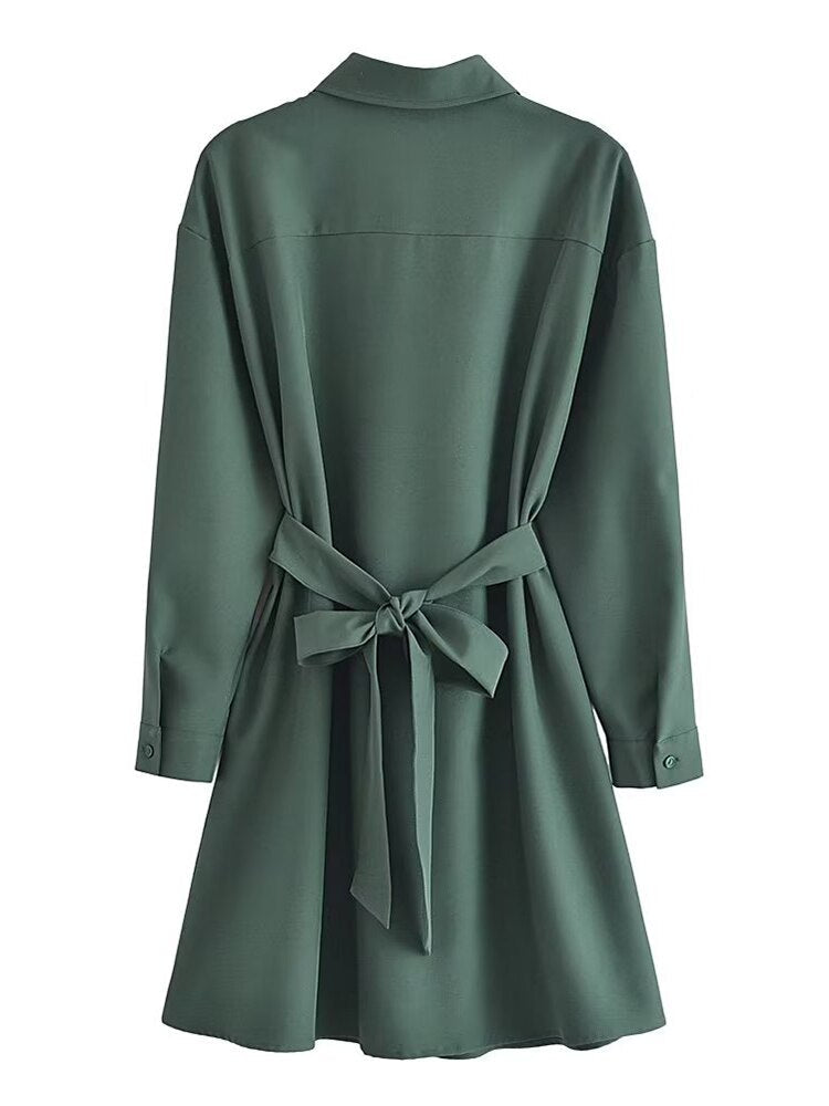 New Women Army Green With Belt Shirt Dress Long Sleeve Lapel Collar Female Autumn Dress Short Vestido